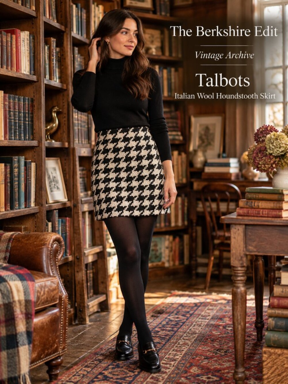 Vintage Talbots Petite 2 Italian Wool Houndstooth Pencil Skirt Black Ivory